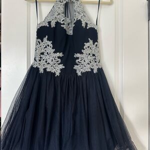 Elegant Navy Blue and Silver Junior Dress